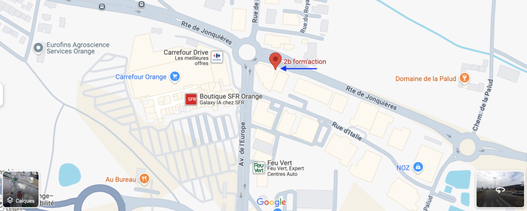 Plan du centre de formation à retrouver sur Google maps avec le mot 2b form'action Orange Vaucluse
